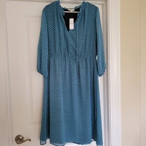 NWT Loft Outlet Blue/White/Black Tie Neck Ruffle Dress - Size L